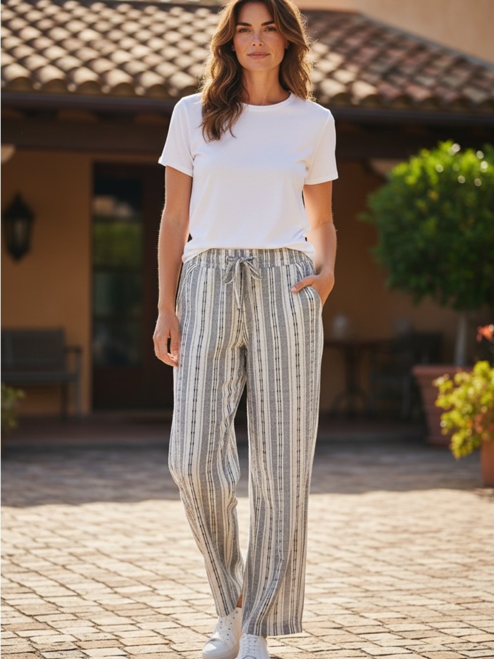 Sienna Sky Striped Wide-Leg Drawstring stretchy waist pants  - White & black